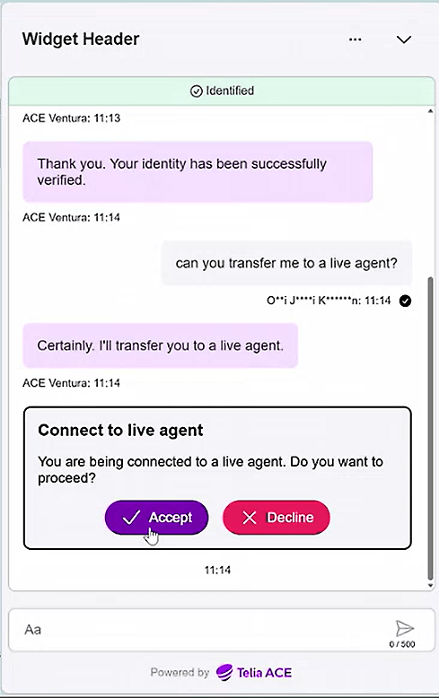 Showing the point in the chat where the user is asked to accept or decline the handover to a live human agent